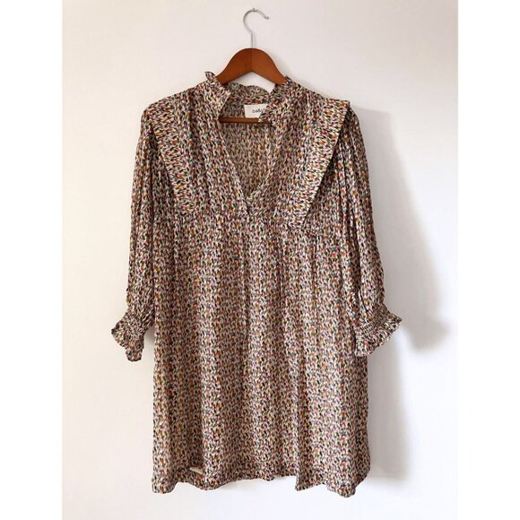 Ba&sh Multicolored Deep Blouson Sleeve Mini Dress Ecru Size 6 - Picture 3 of 7